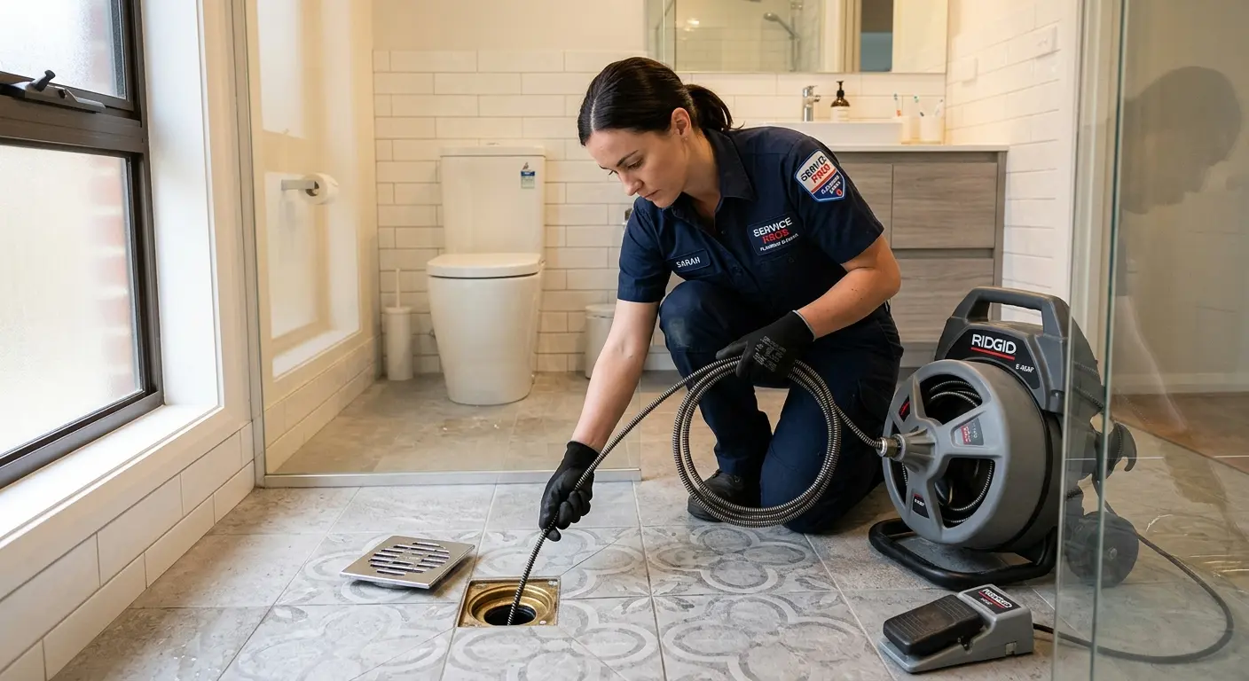 Technician clearing a bathroom floor drain for Drain Cleaning in Lyons